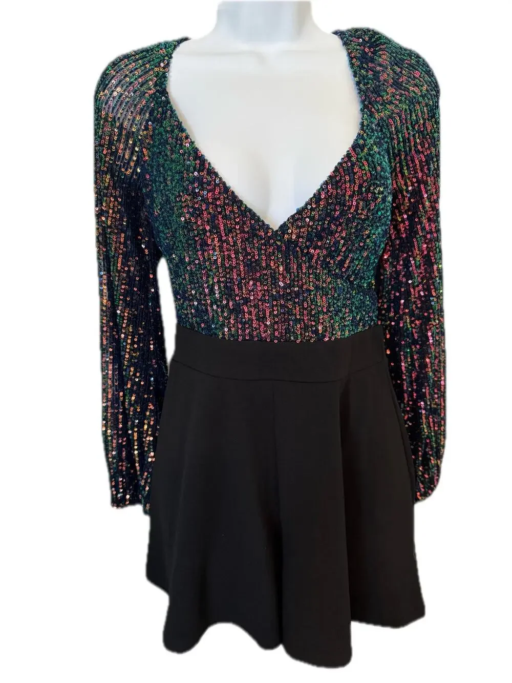 Windsor Lg Black Multicolor Long Sleeve Party Romper Deep V Neck